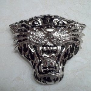 RHINESTONE LEOPARD HEAD BELT BUCKLE